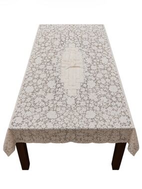 Vintage ivory sheer lace floral embroidered rectangular tablecloth 55x78”